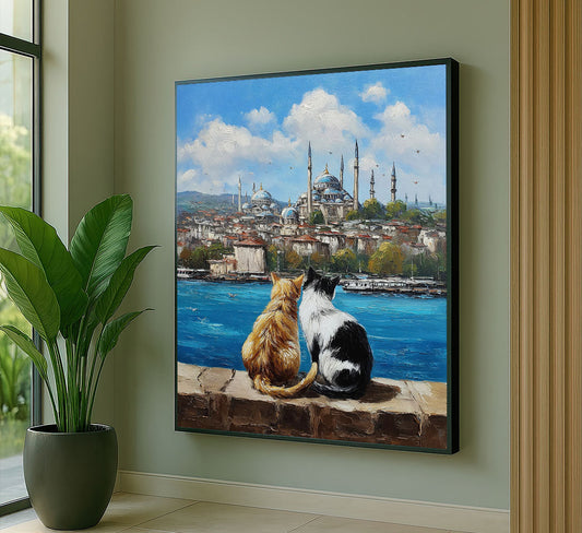 Captivating Cats Overlooking Istanbul Skyline Canvas Wall Art