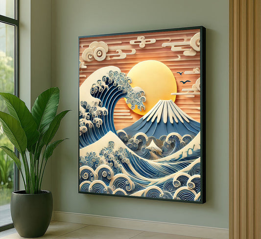 Japanese Wave And Mount Fuji Inspired Canvas Wall Art