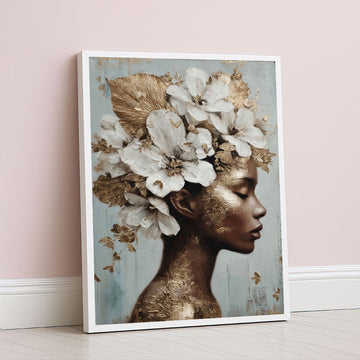 Enchanting Gold And White Floral Crown Woman Canvas Wall Art