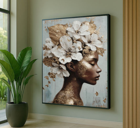 Enchanting Gold And White Floral Crown Woman Canvas Wall Art
