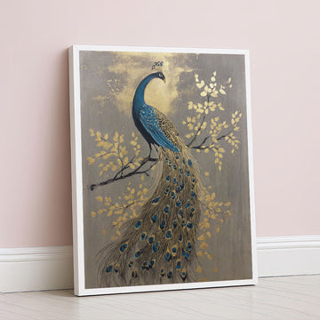 Enchanting Blue Peacock On Golden Branch Canvas Wall Art