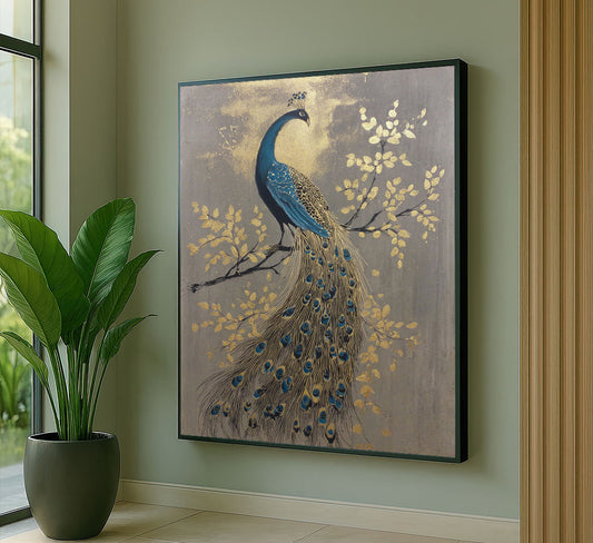 Enchanting Blue Peacock On Golden Branch Canvas Wall Art