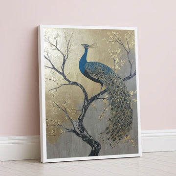 Majestic Blue Peacock On Golden Branch Canvas Wall Art