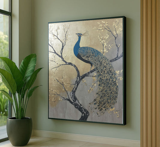Majestic Blue Peacock On Golden Branch Canvas Wall Art