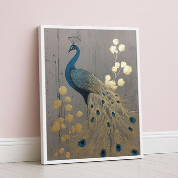 Majestic Blue Peacock With Gold Feathers Canvas Wall Art