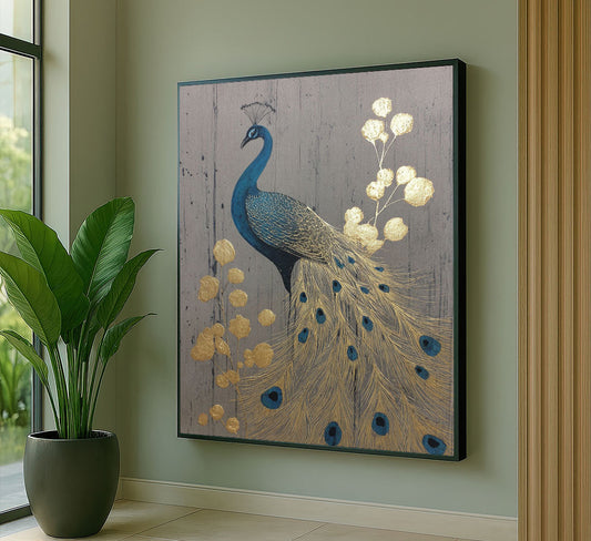 Majestic Blue Peacock With Gold Feathers Canvas Wall Art