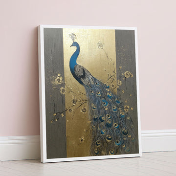 Majestic Blue Peacock On Gold Background Canvas Wall Art