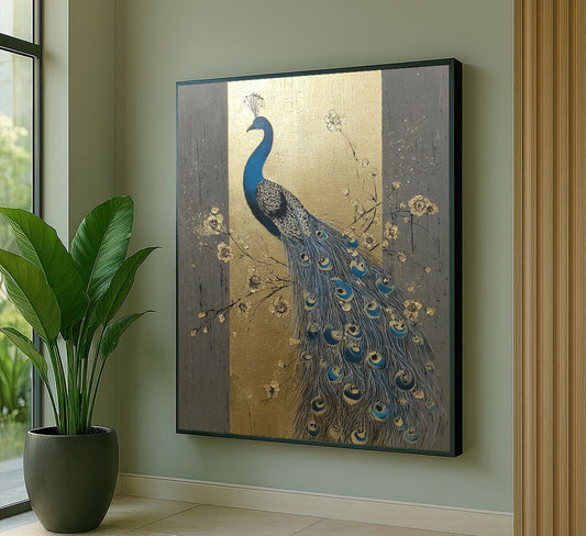 Majestic Blue Peacock On Gold Background Canvas Wall Art