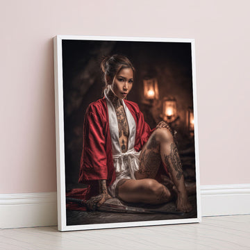 Enchanting Tattooed Woman In Red Kimono Canvas Wall Art