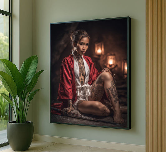 Enchanting Tattooed Woman In Red Kimono Canvas Wall Art