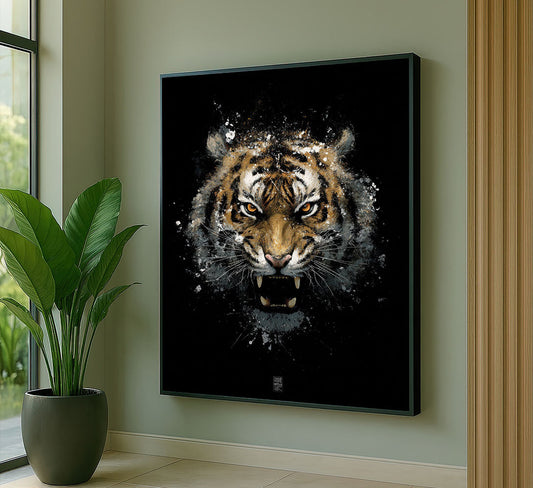 Fierce Tiger Roaring With Splatter Effect Canvas Wall Art