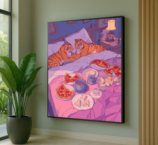 Whimsical Tigers Dining In Bed Canvas Wall Art