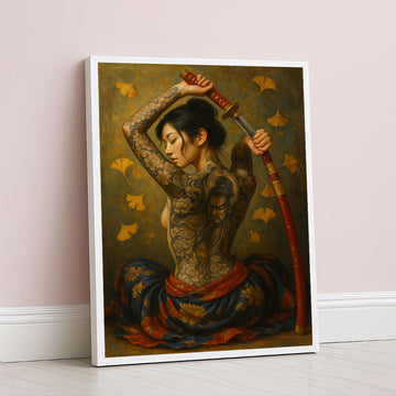 Enchanting Tattooed Samurai Woman With Sword Canvas Wall Art