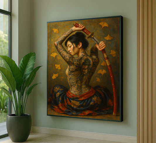 Enchanting Tattooed Samurai Woman With Sword Canvas Wall Art