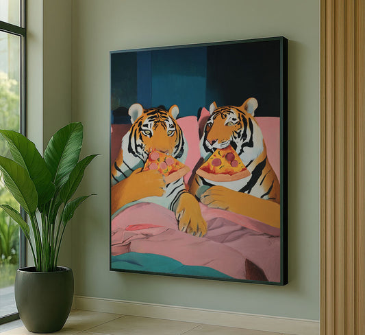 Whimsical Tigers Eating Pizza Canvas Wall Art
