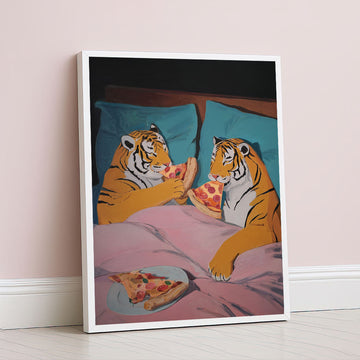 Playful Tigers Sharing Pizza In Bed Canvas Wall Art