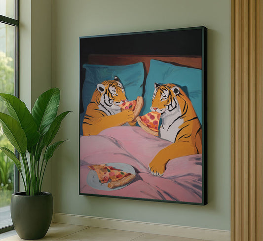Playful Tigers Sharing Pizza In Bed Canvas Wall Art