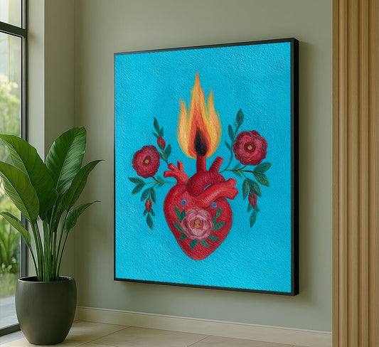 Vibrant Flaming Heart With Red Roses Canvas Wall Art