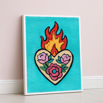 Vibrant Flaming Heart With Roses Canvas Wall Art