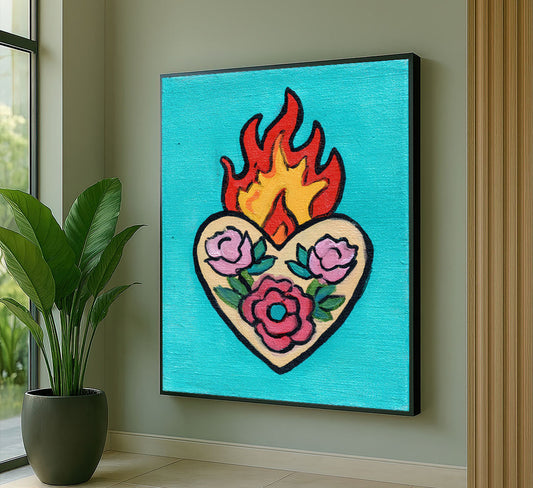 Vibrant Flaming Heart With Roses Canvas Wall Art