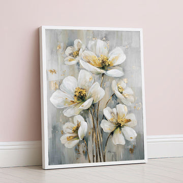 Elegant White And Gold Floral Canvas Wall Art
