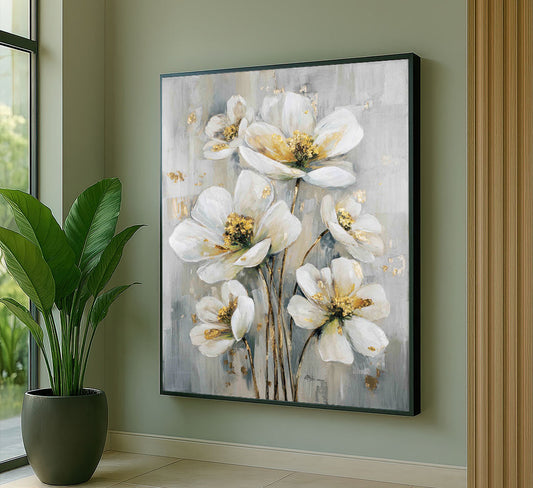 Elegant White And Gold Floral Canvas Wall Art
