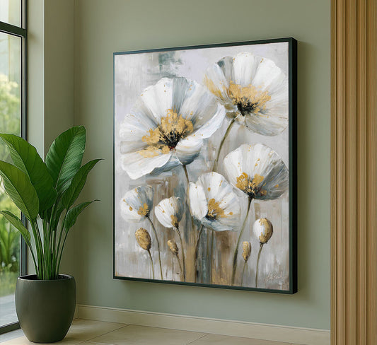 Enchanting White And Gold Poppies Canvas Wall Art