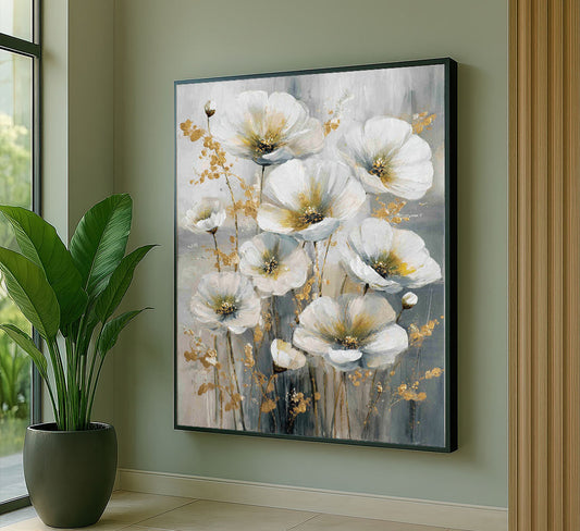 Elegant White And Gold Blossoms Canvas Wall Art