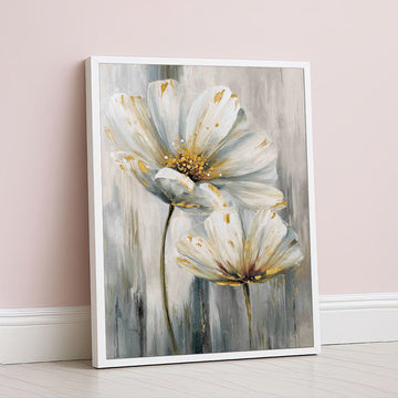 Elegant White And Gold Floral Blooms Canvas Wall Art