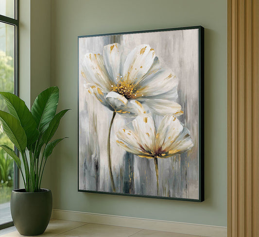 Elegant White And Gold Floral Blooms Canvas Wall Art