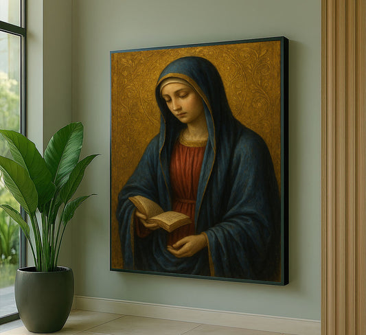 Graceful Woman Reading With Blue Veil Canvas Wall Art