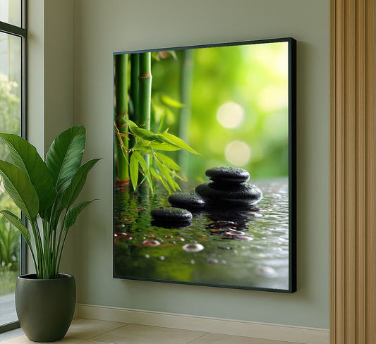 Serene Zen Stones With Bamboo Reflection Canvas Wall Art