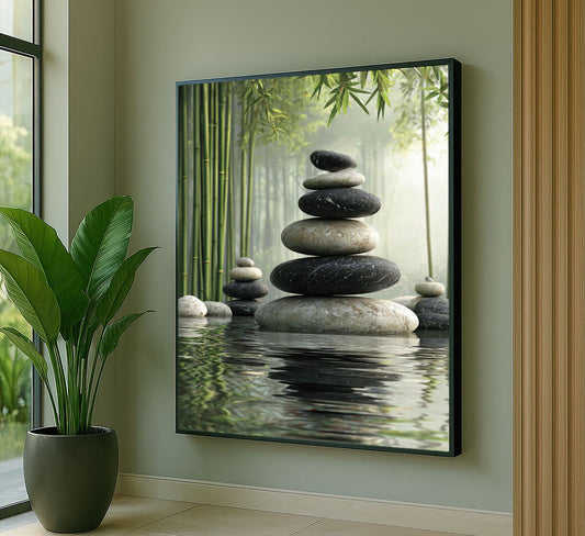 Serene Zen Stone Stack In Bamboo Forest Canvas Wall Art