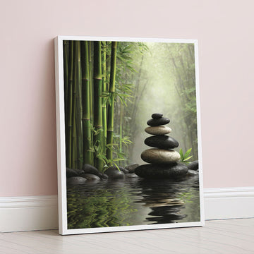 Serene Bamboo Forest With Zen Stones Canvas Wall Art