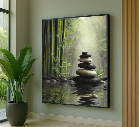 Serene Bamboo Forest With Zen Stones Canvas Wall Art
