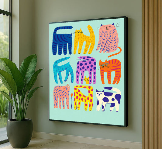 Vibrant Colorful Cats In Playful Poses Canvas Wall Art