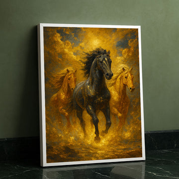 Majestic Black And Golden Horses Running Canvas Wall Art
