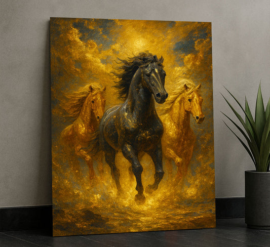 Majestic Black And Golden Horses Running Canvas Wall Art