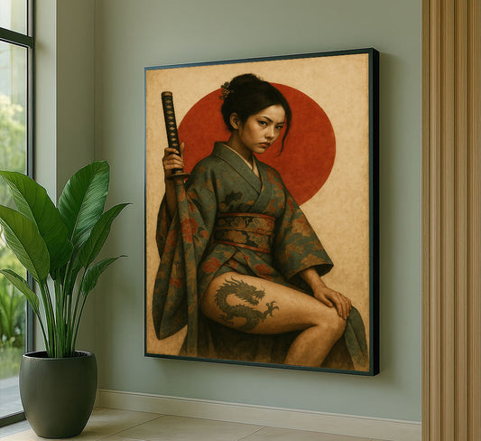 Enchanting Samurai Woman With Dragon Tattoo Canvas Wall Art