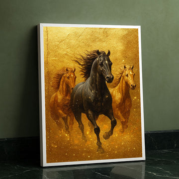 Majestic Black Horses Galloping In Gold Canvas Wall Art