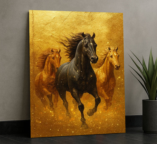 Majestic Black Horses Galloping In Gold Canvas Wall Art