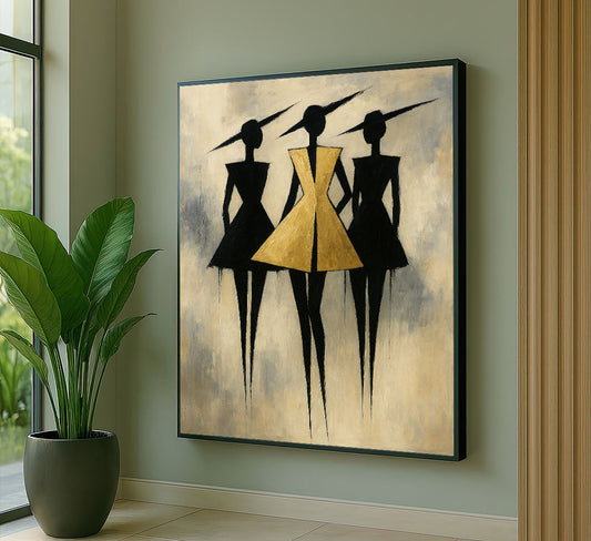 Elegant Silhouetted Women In Gold Attire Canvas Wall Art
