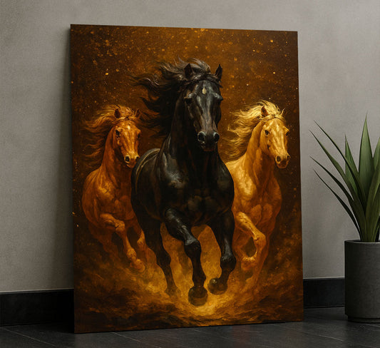 Majestic Galloping Horses In Golden Dust Canvas Wall Art