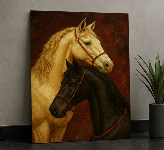 Majestic Black And White Horses Portrait Canvas Wall Art