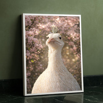 Striking White Ostrich Amid Pink Blossoms Canvas Wall Art