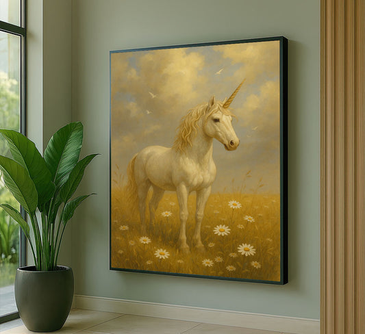 Majestic Unicorn In Golden Field Canvas Wall Art