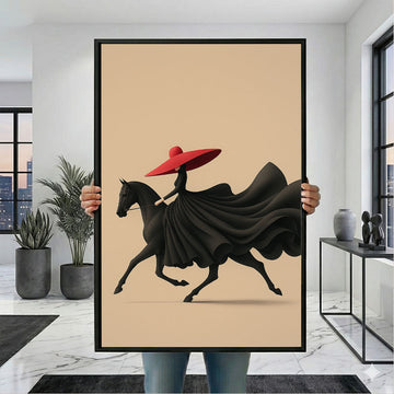 Elegant Woman In Red Hat Riding Horse Canvas Wall Art