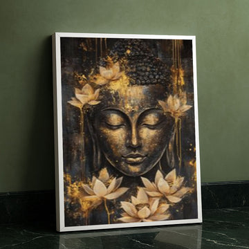 Enchanting Buddha With Golden Lotus Blossoms Canvas Wall Art