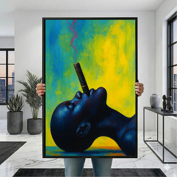 Vibrant Blue Woman With Cigar Against Yellow Canvas Wall Art