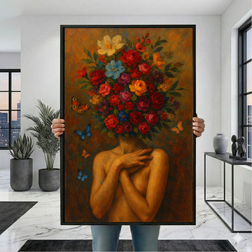 Mystical Woman With Floral Bouquet Head Canvas Wall Art